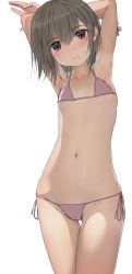 1girl armpits arms_behind_head bikini brown_hair cameltoe cleft_of_venus closed_mouth egami female_focus flat_chest highres loli looking_at_viewer micro_bikini navel original pink_bikini red_eyes short_hair side-tie_bikini_bottom simple_background solo standing swimsuit third-party_edit white_background rating:Questionable score:180 user:shelly69
