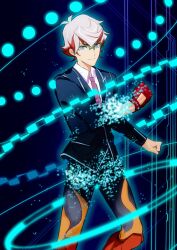  1boy absurdres bad_id bad_lofter_id black_jacket blue_background blue_eyes clenched_hands collared_shirt cyberspace glasses gloves green-framed_eyewear grey_hair hand_up henshin highres homura_takeru jacket looking_at_viewer male_focus multicolored_hair naoki_(2rzmcaizerails6) necktie purple_necktie rectangular_eyewear red_gloves red_hair shirt short_hair single_glove smile solo transformation upper_body white_shirt yu-gi-oh! yu-gi-oh!_vrains 