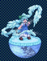  1girl :d black_ribbon blue_dress blue_eyes bow brown_footwear checkered_background cirno commentary_request dragon dress green_bow hair_bow ice ice_dragon ice_wings kisasage_kouta lowres neck_ribbon open_mouth pixel_art ribbon rock shoes short_sleeves smile touhou white_legwear wings 