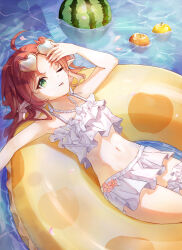  1girl ;p absurdres ahoge apple arknights arm_up bikini brown_hair commentary_request earrings eyewear_on_head flower food fruit green_eyes heart heart-shaped_eyewear heart_earrings highres innertube jewelry looking_at_viewer lying myrtle_(arknights) myrtle_(summer_flowers)_(arknights) navel ntto official_alternate_costume on_back one_eye_closed outstretched_arm partially_immersed pink_flower pink_petals pleated_skirt pointy_ears polka_dot_innertube skirt solo sunglasses swim_ring swimsuit tongue tongue_out two_side_up water watermelon white_bikini yellow_innertube 