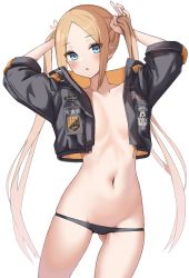  1girl :o abigail_williams_(fate) absurdres black_jacket black_panties blonde_hair blue_eyes blush breasts collarbone contrapposto cowboy_shot crop_top crop_top_overhang cropped_jacket fate/grand_order fate_(series) gluteal_fold groin highres holding holding_hair jacket kopaka_(karda_nui) long_hair long_sleeves looking_at_viewer navel no_bra open_clothes open_jacket panties parted_bangs sidelocks simple_background small_breasts solo stomach thighs twintails underwear white_background  rating:Questionable score:120 user:PuttHutt