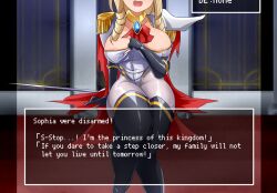  1girl athletic_leotard blonde_hair cape defeat fencing leotard pantyhose red_cape sin_(pixiv17875500) sitting sword translated weapon 