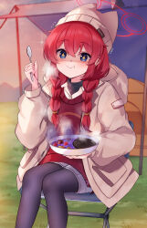  +_+ 1girl bad_food beanie black_pantyhose blue_archive blue_eyes blush braid brown_shirt closed_mouth collared_shirt feet_out_of_frame grey_hat grey_jacket halo hat highres holding holding_spoon jacket long_hair long_sleeves maki_(blue_archive) maki_(camp)_(blue_archive) mi_taro333 official_alternate_costume official_alternate_hairstyle open_clothes open_jacket pantyhose red_hair red_halo shaded_face shirt sitting solo spoon tent twin_braids white_shirt  rating:General score:6 user:danbooru
