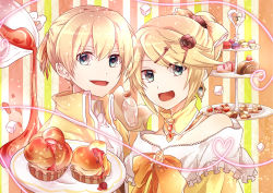 1boy 1girl aku_no_meshitsukai_(vocaloid) aku_no_musume_(vocaloid) allen_avadonia bad_id bad_pixiv_id bare_shoulders blonde_hair blue_eyes bottle bow brother_and_sister cake candy check_commentary choker commentary_request cookie dress earrings evillious_nendaiki flower food frilled_dress frills hair_bow hair_ornament hair_ribbon hairclip heart heart_of_string jacket jewelry kagamine_len kagamine_rin muffin pastry princess ribbon riliane_lucifen_d&#039;autriche rose short_hair short_ponytail siblings smile striped striped_background sugar_cube syrup tiered_tray tray twins updo vocaloid yellow_dress yellow_jacket yuken yuken_52 rating:Sensitive score:0 user:danbooru