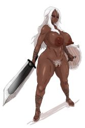  1girl breasts character_request cleavage colored_pubic_hair cross-laced_footwear curvy dark-skinned_female dark_skin female_focus female_pubic_hair full_body huge_nipples large_areolae large_breasts nude pubic_hair pussy redguard shield simple_background solo source_request standing sword the_elder_scrolls the_elder_scrolls_v:_skyrim thick_thighs thighs uncensored weapon white_background white_hair white_pubic_hair  rating:Explicit score:18 user:SleazyShota