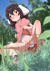1girl absurdres animal_ears ass barefoot black_hair blush carrot_necklace cleft_of_venus clothes_lift dress dress_lift female_focus highres inaba_tewi jewelry lifted_by_self loli luke_(b10a3123m) nature necklace no_panties outdoors pee peeing pink_dress pussy rabbit_ears rabbit_girl rabbit_tail red_eyes short_hair solo spread_legs squatting tail touhou tree uncensored rating:Explicit score:180 user:danbooru