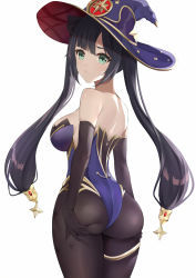  1girl absurdres ass ass_grab ass_support bare_back bare_shoulders black_gloves black_hair black_pantyhose blue_leotard breasts closed_mouth commentary cowboy_shot elbow_gloves genshin_impact gloves green_eyes hand_on_own_ass hat highres huge_ass large_breasts leotard long_hair looking_at_viewer mona_(genshin_impact) neck pantyhose simple_background solo standing strapless strapless_leotard symbol-only_commentary thighlet thighs twintails very_long_hair white_background witch_hat ying_jing_meng  rating:Sensitive score:105 user:danbooru