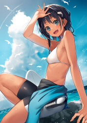  1girl :d absurdres arm_above_head arm_support arm_up armpits bikini bird black_hair blue_eyes blue_sky bodysuit breasts clothes_down cloud commentary day diving_suit dolphin_hair_ornament dutch_angle feet_out_of_frame flock from_side highres kurebayashi_noe leaning_back looking_at_viewer medium_hair ocean on_rock open_mouth original outdoors rash_guard seagull short_hair single_sidelock sitting sky small_breasts smile solo sunlight surfboard swimsuit tan tareme teeth upper_teeth_only water wetsuit white_bikini  rating:Sensitive score:20 user:danbooru