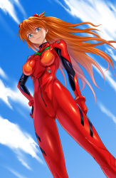  1girl blue_eyes blue_sky bodysuit breasts cloud curvy dutch_angle feet_out_of_frame hand_on_own_hip highres long_hair looking_at_viewer medium_breasts multicolored_bodysuit multicolored_clothes naito_haruto neon_genesis_evangelion nerv plugsuit red_bodysuit red_hair shiny_clothes skin_tight sky solo souryuu_asuka_langley two_side_up very_long_hair  rating:Sensitive score:9 user:danbooru