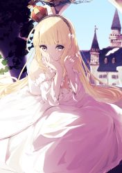  1girl alternate_costume azur_lane bare_shoulders blonde_hair blunt_bangs commentary covering_own_mouth crown detached_sleeves dress hairband highres long_hair looking_at_viewer mini_crown outdoors palace queen_elizabeth_(azur_lane) queen_elizabeth_(the_queen&#039;s_ball)_(azur_lane) shadow sitting solo sunlight suwakana wavy_hair white_dress yellow_eyes  rating:Sensitive score:28 user:danbooru