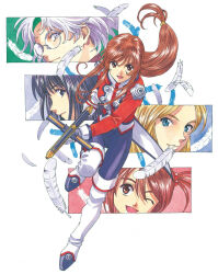  5girls belt black_eyebrows black_hair black_pants blonde_eyebrows blonde_hair boots brown_eyebrows brown_eyes brown_hair buttons child closed_mouth coattails collar coquelicot_(sakura_taisen) crack cracked_glass double-breasted erica_fontaine eyelashes feathers full_body glasses gloves glycine_bleumer green_eyes green_headband gun hair_between_eyes hair_bobbles hair_ornament head_only headband highres holding holding_clothes holding_gun holding_weapon jacket kitaooji_hanabi leg_up lobelia_carlini long_hair long_sleeves looking_ahead looking_at_viewer low-tied_long_hair mandarin_collar matsubara_hidenori messy_hair multiple_girls nose official_art one_eye_closed open_mouth paneled_background pants profile red_jacket red_sleeves red_uniform rimless_eyewear round_eyewear sakura_taisen sakura_taisen_iii sega shadow short_twintails side_slit sidelocks simple_background smile straight_hair submachine_gun thigh_boots third-party_source tight_clothes tight_pants traditional_media twintails v-shaped_eyebrows wavy_ends wavy_sidelocks weapon white_background white_collar white_feathers white_footwear white_hair white_wrist_cuffs wispy_bangs wrist_cuffs 