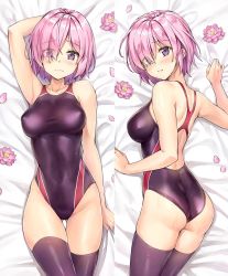 1girl alternate_costume arm_behind_head ass bare_shoulders bed_sheet black_thighhighs blush breasts closed_mouth collarbone commentary_request competition_swimsuit covered_erect_nipples covered_navel cowboy_shot dakimakura_(medium) fate_(series) flower from_above gluteal_fold groin hair_over_one_eye highleg highleg_swimsuit highres koyuki_(kotatsu358) large_breasts light_purple_hair looking_at_viewer lotus lying mash_kyrielight multiple_views on_back on_stomach one-piece_swimsuit petals purple_eyes short_hair skindentation swimsuit thigh_gap thighhighs wet rating:Sensitive score:30 user:danbooru