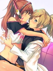2girls alternate_hairstyle arms_around_neck bare_shoulders black_panties black_shirt blonde_hair blue_eyes blush brown_eyes brown_hair casual caught closed_mouth crop_top d.va_(overwatch) facial_mark from_side headphones hug lab_coat long_hair long_sleeves looking_at_another looking_at_viewer mercy_(overwatch) mikan-uji multiple_girls no_pants off_shoulder overwatch overwatch_1 panties partially_undressed ponytail profile shirt short_hair short_sleeves sideways_glance sitting sitting_on_lap sitting_on_person sweatdrop trembling turtleneck underwear upper_body whisker_markings white_background yuri rating:Sensitive score:42 user:danbooru