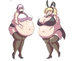  2girls axel-rosered belly_grab blonde_hair breasts cleavage fat high_heels huge_breasts looking_at_viewer multiple_girls navel nitroplus obese pink_eyes pink_hair red_eyes super_pochaco super_sonico thick_thighs thighs twintails  rating:Sensitive score:42 user:Juni221