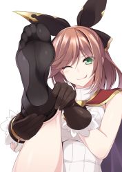  10s 1girl ;p bare_shoulders black_bow black_gloves black_thighhighs blush bow cape clarisse_(granblue_fantasy) dressing eyebrows feet foot_focus gloves granblue_fantasy green_eyes hair_bow head_tilt highres kneepits leg_up looking_at_viewer no_shoes one_eye_closed orange_hair red_cape ruton-niki short_hair sleeveless soles solo sweater_vest thighhighs thighs toes tongue tongue_out tsurime turtleneck v-shaped_eyebrows  rating:Questionable score:128 user:danbooru