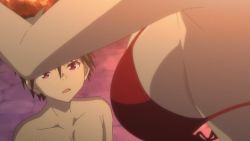 10s 1boy 1girl animated animated_gif asami_lilith bikini bouncing_breasts breasts brown_eyes head_out_of_frame kasuga_arata looking_at_breasts lowres red_eyes shiny_skin swimsuit topless trinity_seven wardrobe_malfunction rating:Questionable score:60 user:wavy