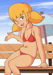  1girl absurdres arm_support artist_request bench bikini blonde_hair blue_eyes blush breasts cleavage highres inspector_gadget legs looking_at_viewer low_twintails open_mouth penny_(inspector_gadget) red_bikini sitting small_breasts smile solo source_request swimsuit thighs twintails 