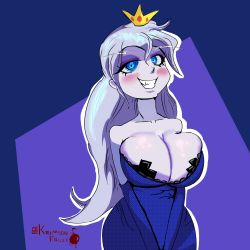  1girl adventure_time breasts cleavage dress grin highres ice_queen_(adventure_time) krimsonfruit large_breasts looking_at_viewer off-shoulder_dress off_shoulder sharp_teeth smile solo teeth  rating:Sensitive score:7 user:thatbooblovr