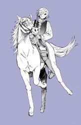  1boy boots dungeon_meshi elf hair_over_one_eye holding holding_reins horseback_riding kabe_piko long_sleeves male_focus mandarin_collar mithrun monochrome pointy_ears puffy_sleeves reins riding saddle short_hair solo stirrups_(riding) thigh_boots unicorn vest 