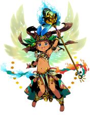 1girl ankh arm_up armlet armpits black_hair blue_eyes dark-skinned_female dark_skin earrings egyptian egyptian_clothes feather_hair_ornament feathers fire floating_hair full_body gold gold_earrings gold_trim hair_ornament headdress highres himukai_yuuji holding holding_staff jewelry long_hair looking_at_viewer navel necklace non-web_source open_mouth simple_background solo staff teeth upper_teeth_only white_background wings wrist_cuffs rating:Sensitive score:33 user:danbooru