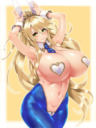  1girl ahoge animal_ears armpits arms_up artoria_pendragon_(all) artoria_pendragon_(fate) artoria_pendragon_(swimsuit_ruler)_(fate) blonde_hair blue_neckwear blue_pantyhose blush breasts closed_mouth covered_erect_nipples detached_collar fate/grand_order fate_(series) fishnet_pantyhose fishnets green_eyes hair_between_eyes hayama_kazusa heart_maebari heart_pasties highres huge_breasts long_hair looking_at_viewer maebari meme_attire navel pantyhose pasties ponytail rabbit_ears rabbit_pose revealing_clothes reverse_bunnysuit reverse_outfit revision sidelocks smile solo tiara wrist_cuffs yellow_background 