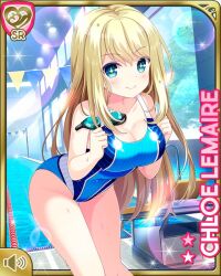  1girl blonde_hair blue_eyes blue_one-piece_swimsuit breasts character_name chloe_lemaire closed_mouth day girlfriend_(kari) indoor_pool indoors leaning_forward long_hair official_art one-piece_swimsuit pool qp:flapper school_swimsuit solo swimsuit 