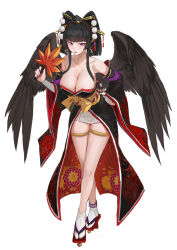  1girl bare_shoulders black_hat black_wings blunt_bangs dead_or_alive dead_or_alive_6 detached_sleeves feathered_wings floral_print_kimono full_body geta hat japanese_clothes kimono looking_at_viewer mole mole_under_mouth nyotengu purple_eyes purple_z red_nails simple_background smile socks solo tabi tokin_hat white_background white_socks wide_sleeves wings 