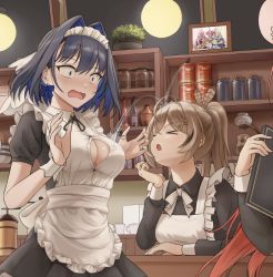 2girls ahoge alternate_costume apron blue_hair book bottle bow bow_earrings breasts brown_hair cafe can ceres_fauna cleavage coffee_grinder coffee_maker counter cup drawing_(object) dress_shirt earrings feather_hair_ornament feathers hair_intakes hair_ornament hairclip hakos_baelz hanging_light head_rest holding holding_book holocouncil hololive hololive_english jar jewelry kronie_(ouro_kronii) long_hair maid maid_apron maid_headdress mr._squeaks_(hakos_baelz) multicolored_hair multiple_girls nanashi_mumei ouro_kronii picture_frame plant ponytail popped_button potted_plant red_hair ribbon sanallite_(tsukumo_sana) sapling_(ceres_fauna) shirt short_hair streaked_hair teacup tsukumo_sana unfinished very_long_hair virtual_youtuber white_shirt wide-eyed zeng$_(zwj) rating:Sensitive score:23 user:danbooru