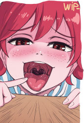  1girl female_focus finger_to_mouth freckles half-closed_eyes imminent_vore karbo looking_at_viewer mouth_focus open_mouth pointing pointing_at_self product_girl red_eyes red_hair round_teeth saliva solo tagme teeth tongue tongue_out upper_teeth_only uvula wendy&#039;s wendy_(wendy&#039;s)  rating:Sensitive score:53 user:RoXaS270