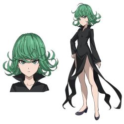  1girl bare_legs black_dress breasts character_sheet child concept_art curly_hair dress green_eyes green_hair matching_hair/eyes multiple_views official_art one-punch_man pelvic_curtain serious short_hair simple_background solo tatsumaki  rating:Sensitive score:41 user:creck