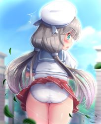 1girl ass blue_sailor_collar clothes_lift day from_behind green_eyes grey_hair hat highres hip_vent kantai_collection kurokoshou_(emuburemu123) leaf long_hair low_twintails mikura_(kancolle) outdoors panties pantyshot pleated_skirt puffy_short_sleeves puffy_sleeves red_skirt sailor_collar sailor_hat sailor_shirt shirt short_sleeves skirt skirt_lift solo standing twintails underwear white_panties white_shirt wind wind_lift rating:Sensitive score:69 user:danbooru