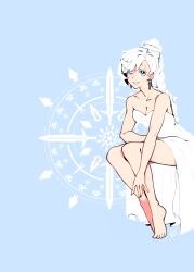  1girl bare_legs bare_shoulders barefoot blue_background blue_eyes braid braided_ponytail breasts cleavage collarbone commentary dangle_earrings dress earrings english_commentary evening_gown grin high_side_ponytail highres invisible_chair jewelry levilagann long_hair looking_at_viewer medium_breasts off-shoulder_dress off_shoulder rwby scar scar_across_eye scar_on_face signature sitting smile snowflakes solo strapless strapless_dress thighs very_long_hair weiss_schnee white_dress white_hair 