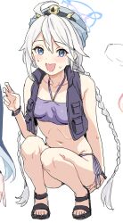  1girl :d ahoge bare_shoulders bikini blue_archive blue_eyes blush braid breasts character_request clearite halo hat looking_at_viewer navel open_mouth purple_bikini sandals simple_background smile solo squatting swimsuit twin_braids vest white_background white_hair 
