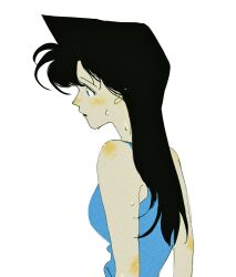  1girl black_hair blue_shirt commentary from_side highres kudoooluv long_hair looking_to_the_side original shirt simple_background sleeveless sleeveless_shirt solo upper_body water_drop wet white_background 