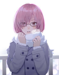  1girl alternate_costume anna_purna black-framed_eyewear breath coat commentary_request double-breasted eyes_visible_through_hair glasses grey_coat hair_over_one_eye hands_up kannazuki_hato lips long_sleeves looking_at_viewer mash_kyrielight parted_lips pink_eyes pink_hair railing scarf short_hair simple_background solo upper_body white_background white_scarf winter 