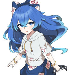  1girl :o bangle blue_bow blue_eyes blue_hair blue_sky bow bracelet breasts ch00suke commentary_request gold grey_hoodie hair_bow hood hood_down hoodie jewelry long_hair ofuda ofuda_on_clothes short_sleeves simple_background sky small_breasts solo stuffed_animal stuffed_cat stuffed_toy touhou upper_body very_long_hair white_background yorigami_shion 