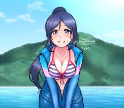 10s 1girl 2019 artist_name bikini blue_hair blush bodysuit breasts character_name cleavage cloud dated grin happy_birthday heart highres large_breasts leaning_forward long_hair looking_at_viewer love_live! love_live!_school_idol_festival love_live!_sunshine!! matsuura_kanan navel ocean open_bodysuit open_clothes outdoors parted_lips ponytail purple_eyes ratofdrawn sky smile solo standing striped_bikini striped_clothes swimsuit teeth unzipped water wet