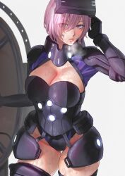  1girl armor armored_leotard black_armor black_gloves black_leotard black_thighhighs blush breasts cleavage elbow_gloves fate/grand_order fate_(series) gloves hair_over_one_eye head-mounted_display highres large_breasts leotard long_sleeves looking_at_viewer lord_camelot_(fate) mash_kyrielight mash_kyrielight_(ortenaus) pink_hair purple_eyes shield short_hair solo thighhighs thighs tonko_from 