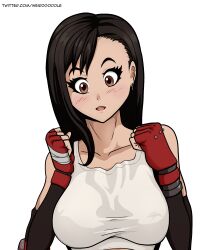  black_hair breasts breasts_squeezed_together brown_eyes final_fantasy final_fantasy_vii gauntlets gloves highres large_breasts long_hair smile tank_top tifa_lockhart  rating:Sensitive score:1 user:WeirdDoddle