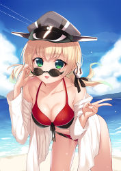  10s 1girl beach bikini blonde_hair breasts cloud cloudy_sky collarbone day green_eyes hat kantai_collection long_hair long_sleeves low_twintails medium_breasts ocean outdoors peaked_cap prinz_eugen_(kancolle) sky solo sunglasses swimsuit tongue tongue_out twintails v yaguo  rating:Sensitive score:12 user:danbooru