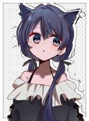  1girl absurdres black_ribbon black_shirt blue_eyes blue_hair border collarbone dark_blue_hair drop_shadow frilled_shirt frills grey_background hair_ribbon highres kemonomimi_mode link!_like!_love_live! long_hair looking_to_the_side love_live! low_twintails mole mole_on_neck murano_sayaka nagisa_iori notice_lines off-shoulder_shirt off_shoulder outside_border parted_lips polka_dot polka_dot_background ribbon shirt sideways_glance solo triangle_mouth twintails upper_body virtual_youtuber white_border 