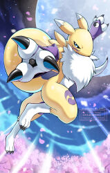  absurdres animal_hands black_sclera blue_eyes cherry_blossoms colored_sclera digimon digimon_(creature) fewer_digits fox full_body full_moon furry highres kitsune moon night no_humans outstretched_arms petals renamon shingetsu_(doru0222) solo twitter_username watermark white_fur white_tail yellow_fur yellow_tail 