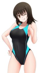 1girl black_hair black_one-piece_swimsuit brown_eyes collarbone competition_swimsuit contrapposto cowboy_shot fuuma_nagi hand_on_own_hip highleg highleg_swimsuit looking_at_viewer medium_hair one-piece_swimsuit one_eye_closed original simple_background solo swimsuit tongue tongue_out white_background rating:Sensitive score:9 user:danbooru