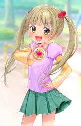  1girl 31reyo blunt_bangs blurry blurry_background blush brown_eyes child clothes_writing commentary green_skirt hair_bobbles hair_ornament hand_on_own_hip highres holding idolmaster idolmaster_cinderella_girls layered_sleeves light_brown_hair long_sleeves looking_at_viewer open_mouth outdoors pink_shirt playground pleated_skirt puffy_short_sleeves puffy_sleeves shirt short_over_long_sleeves short_sleeves sidelocks skirt smile solo standing striped_sleeves tree twintails yokoyama_chika 