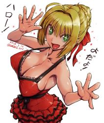 +_+ 10s 1girl ahoge amania_orz armpits bare_shoulders blonde_hair braid breasts cleavage collarbone dated dress fate/extra fate/extra_ccc fate_(series) frilled_dress frills green_eyes hair_bun hair_ribbon happy large_breasts nero_claudius_(fate) nero_claudius_(fate)_(all) nero_claudius_(fate/extra) official_alternate_costume partially_translated red_dress ribbon short_dress short_hair single_hair_bun smile solo strap_gap translation_request twitter_username rating:Questionable score:54 user:danbooru