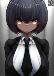  1girl absurdres angry black_hair breasts brown_eyes formal frown glaring highres large_breasts looking_at_viewer office_lady original short_hair suit tomodachi_(tomofanart) upper_body  rating:Questionable score:10 user:HuskLover12