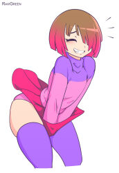  bete_noire betty_noire brown_hair closed_eyes covering_privates glitchtale panties pink_panties pink_shirt purple_shirt purple_socks red_hair red_skirt shirt shy skirt smile socks underwear 