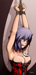 1girl armpits arms_up bare_shoulders bdsm blue_eyes blush bondage bound breasts cleavage cleave_gag cloth_gag corset gag gagged gradient_background highres improvised_gag kusujinn large_breasts looking_at_viewer mili_(kidetic) original purple_hair rope short_hair solo rating:Questionable score:108 user:danbooru