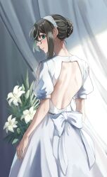  1girl amanattou_shigure backless_outfit bouquet commentary_request dress flower glasses green_eyes hair_bun hairband highres kantai_collection looking_back official_alternate_costume official_alternate_hairstyle ooyodo_(kancolle) semi-rimless_eyewear sidelocks single_hair_bun solo under-rim_eyewear white_dress white_hairband 