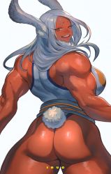  1girl ass boku_no_hero_academia breasts clenched_butt dark-skinned_female dark_skin from_behind highres ibuo_(ibukht1015) large_breasts long_hair mirko muscular muscular_female rabbit_ears rabbit_girl rabbit_tail red_eyes smile solo thick_thighs thighs white_hair  rating:Sensitive score:43 user:jojosstand